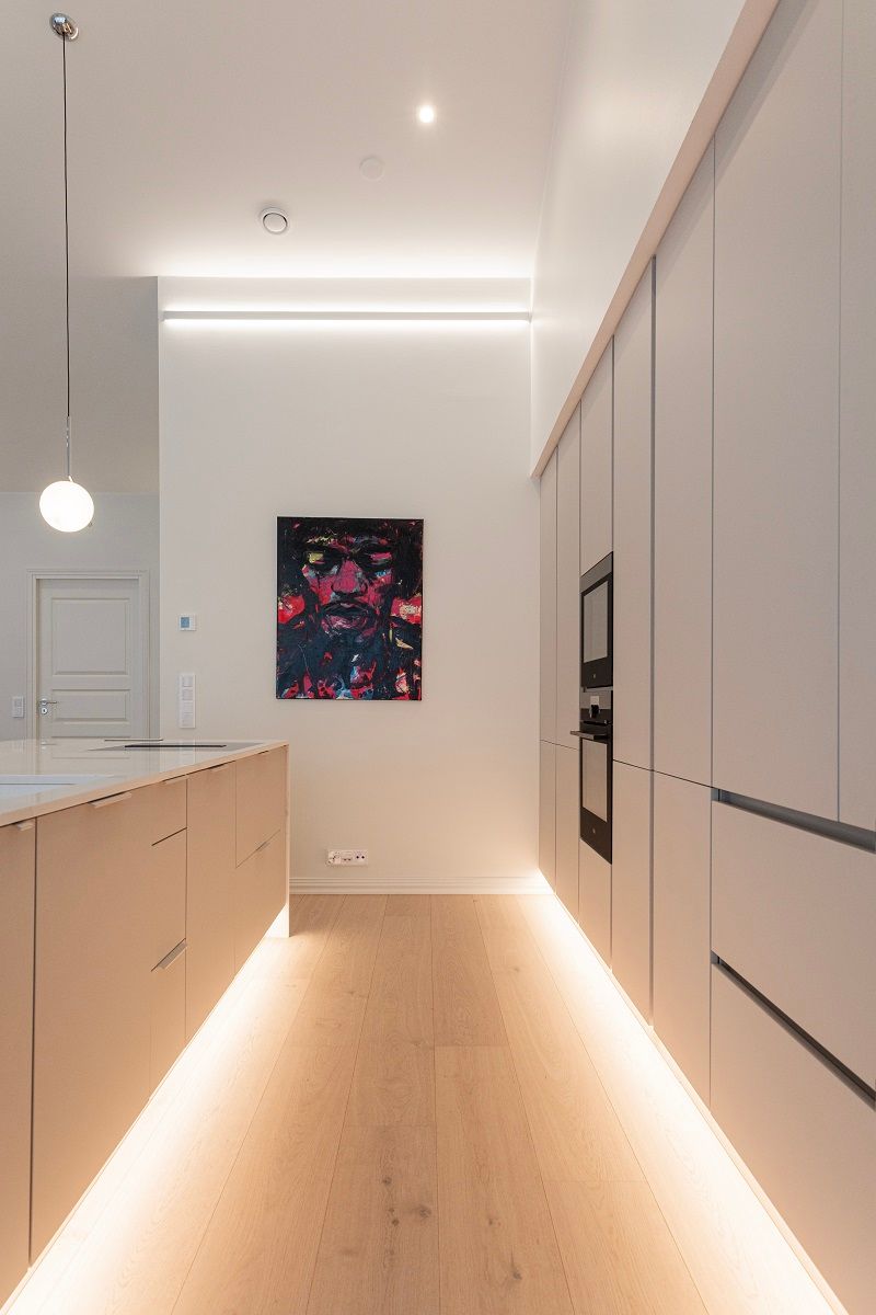 Led strip used in kitchen plinths. In Indirect2 profile, led strips provide indirect light in two directions.